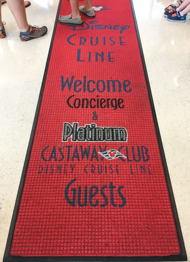 Disney Cruise Concierge Guests have a small seating area at Port on Embarkation Day.