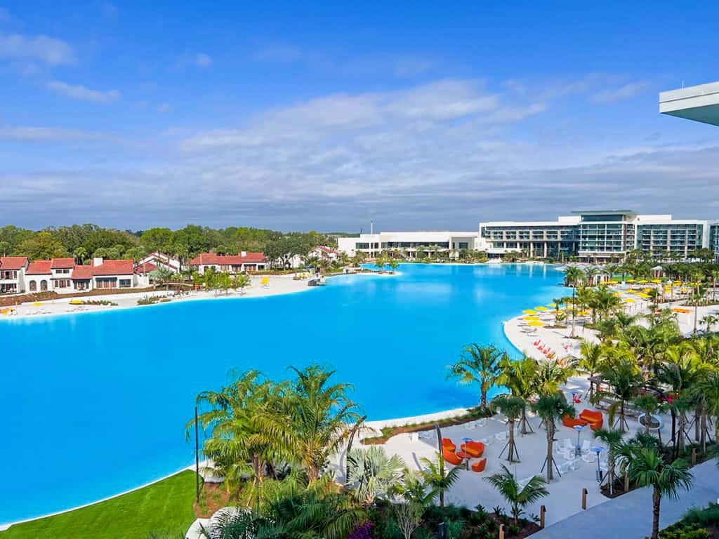 aerial view of Evemore Orlando Resort with large pool as centerpiece