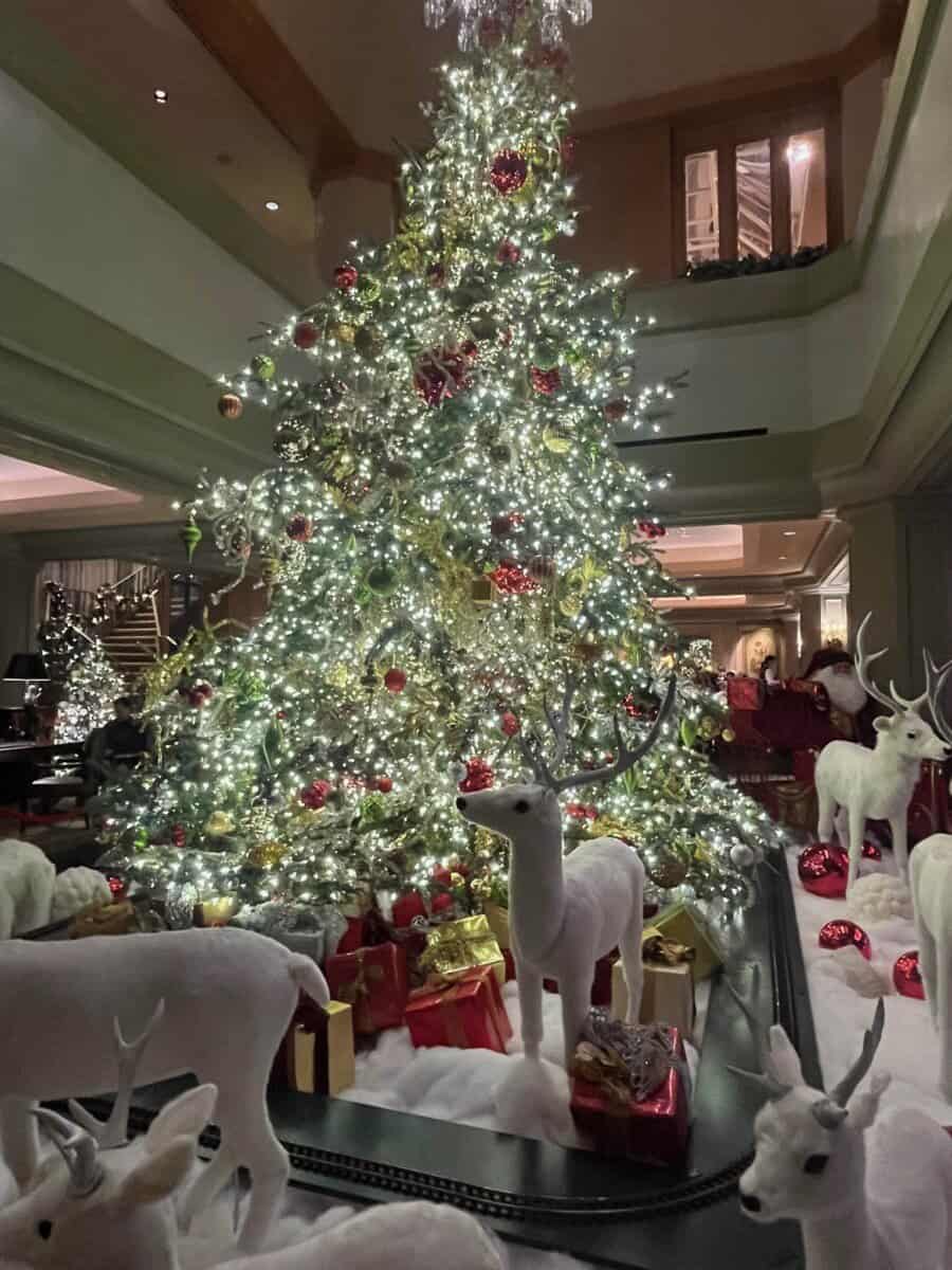 large lighted Christmas tree in lobby at The Windsor Court New Olreans