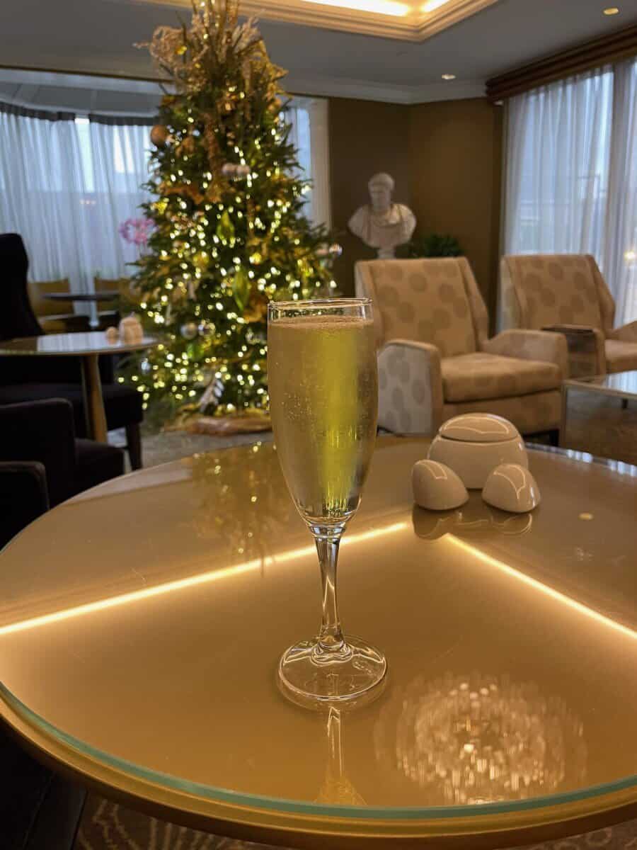 glass of champagne with a Christmas tree in the backdrop