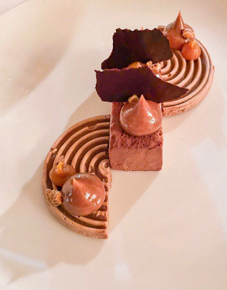 aerial of upscale chocolate dessert on plate