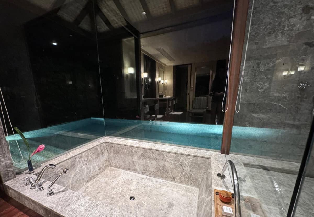 interior of darkly lit spa at Four Seasons Seychelles Resorts