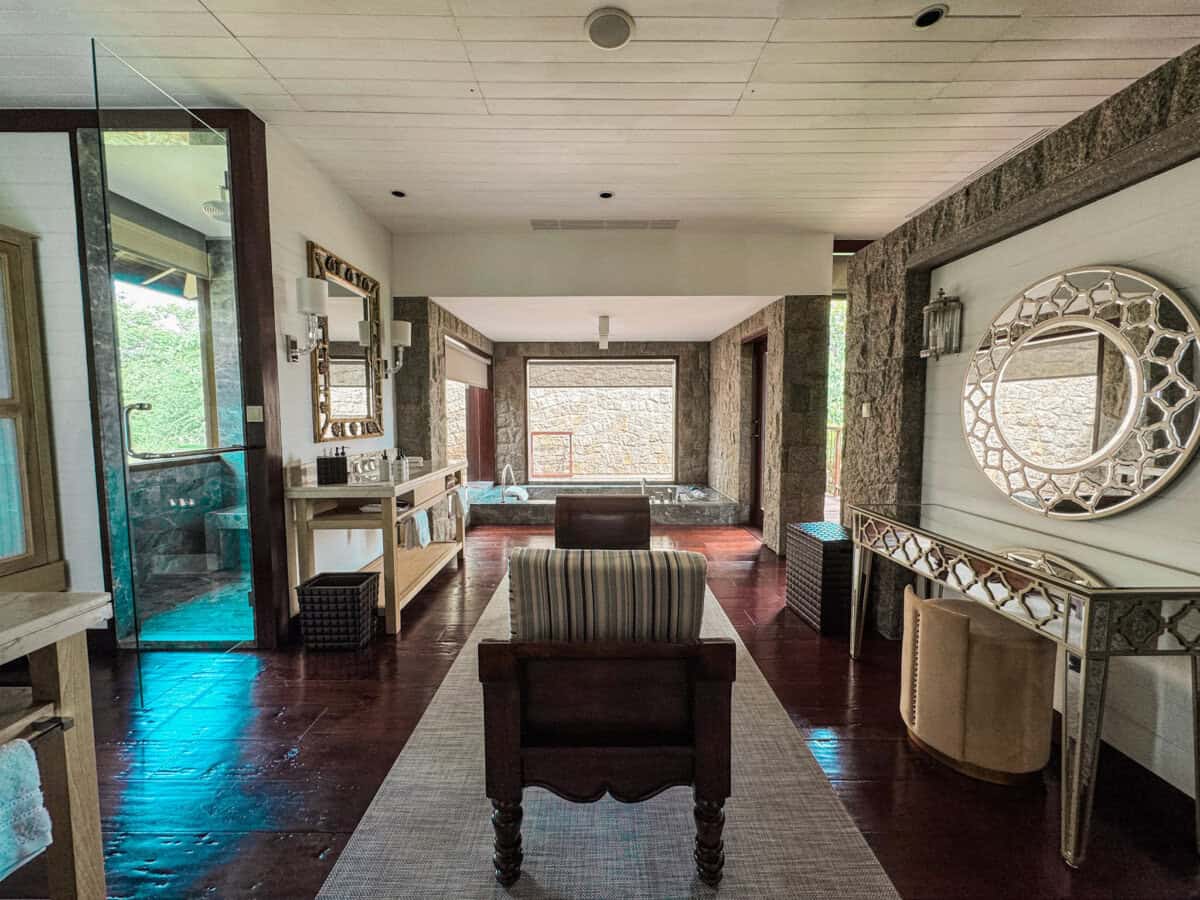 large bathroom at Four Seasons Seychelles Resorts with sunken tub