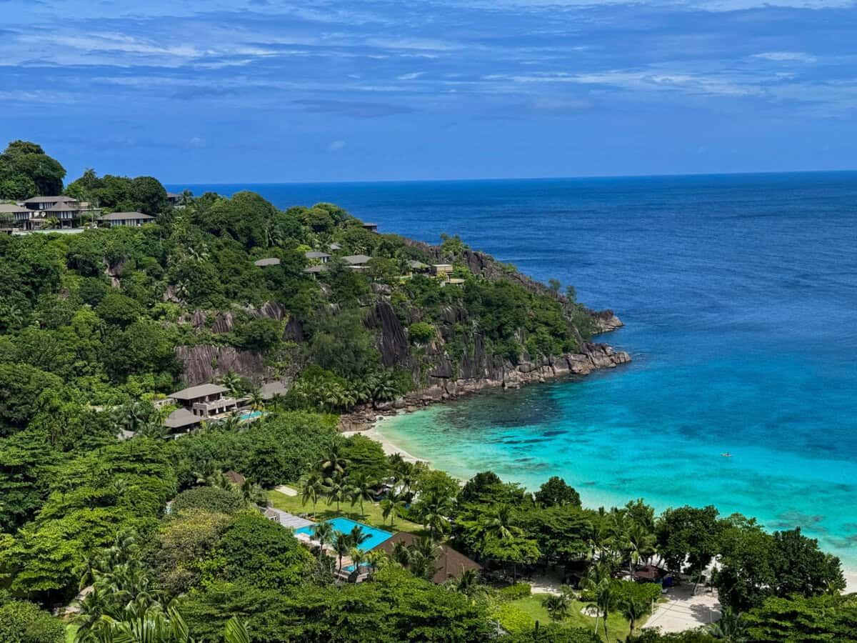 aerial view of beach and coastline in Seychelles