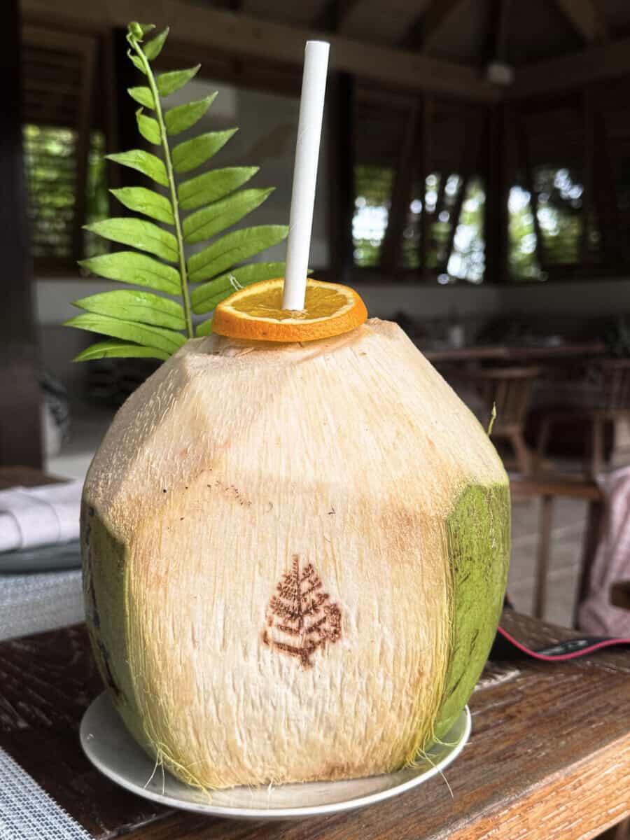 coconut drink with straw at Four Seasons Seychelles Resorts