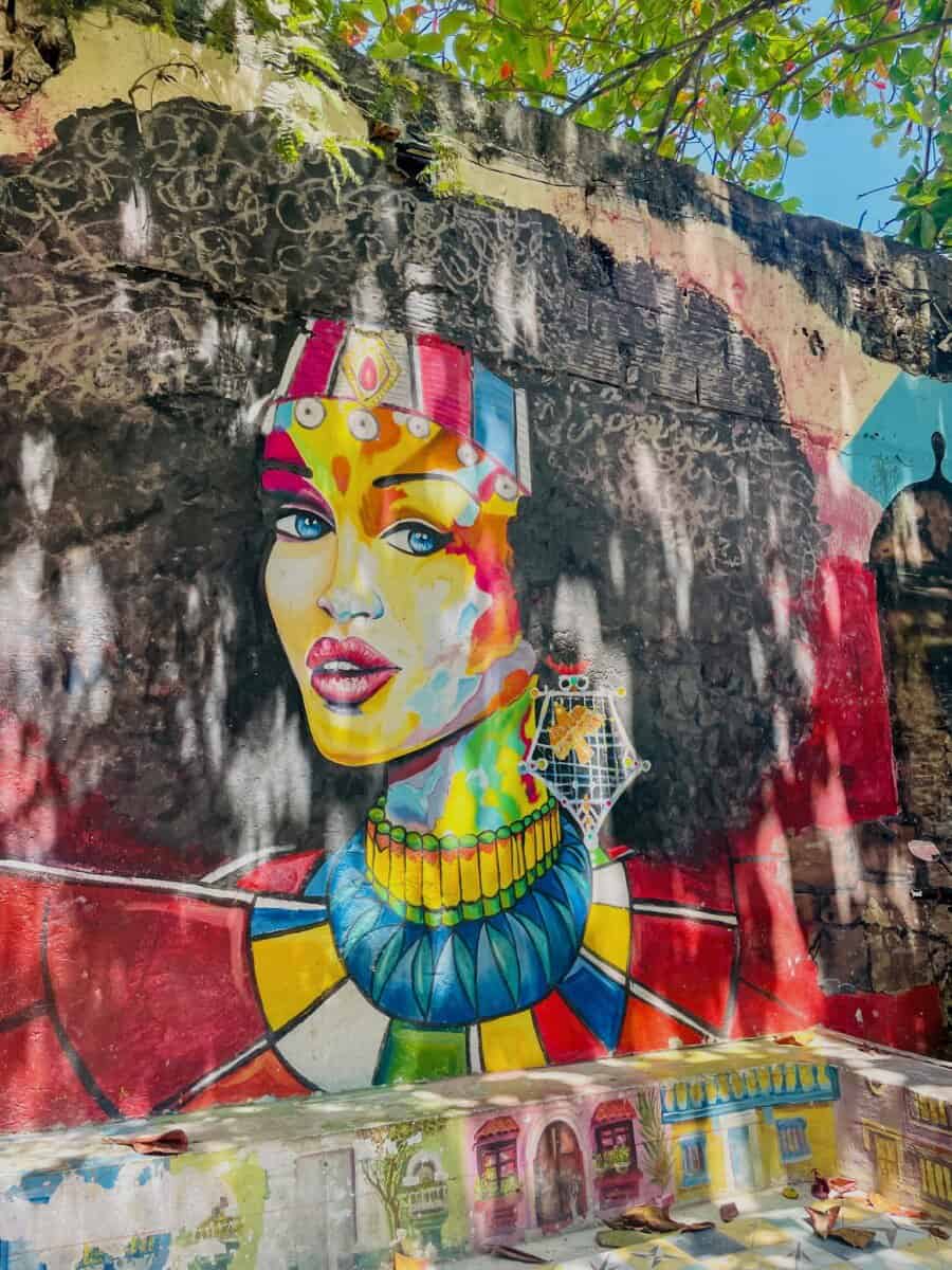 colorful mural of woman in Cartagena, Colombia