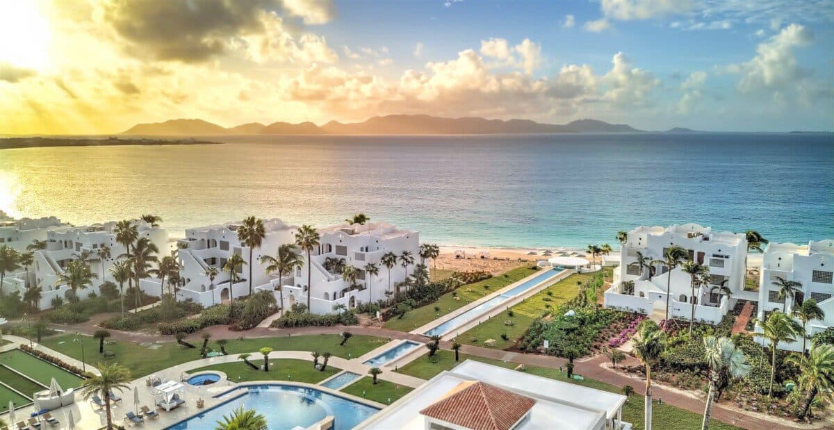 aerial view of Aurora Anguilla Resort & Golf Club and ocean backdrop