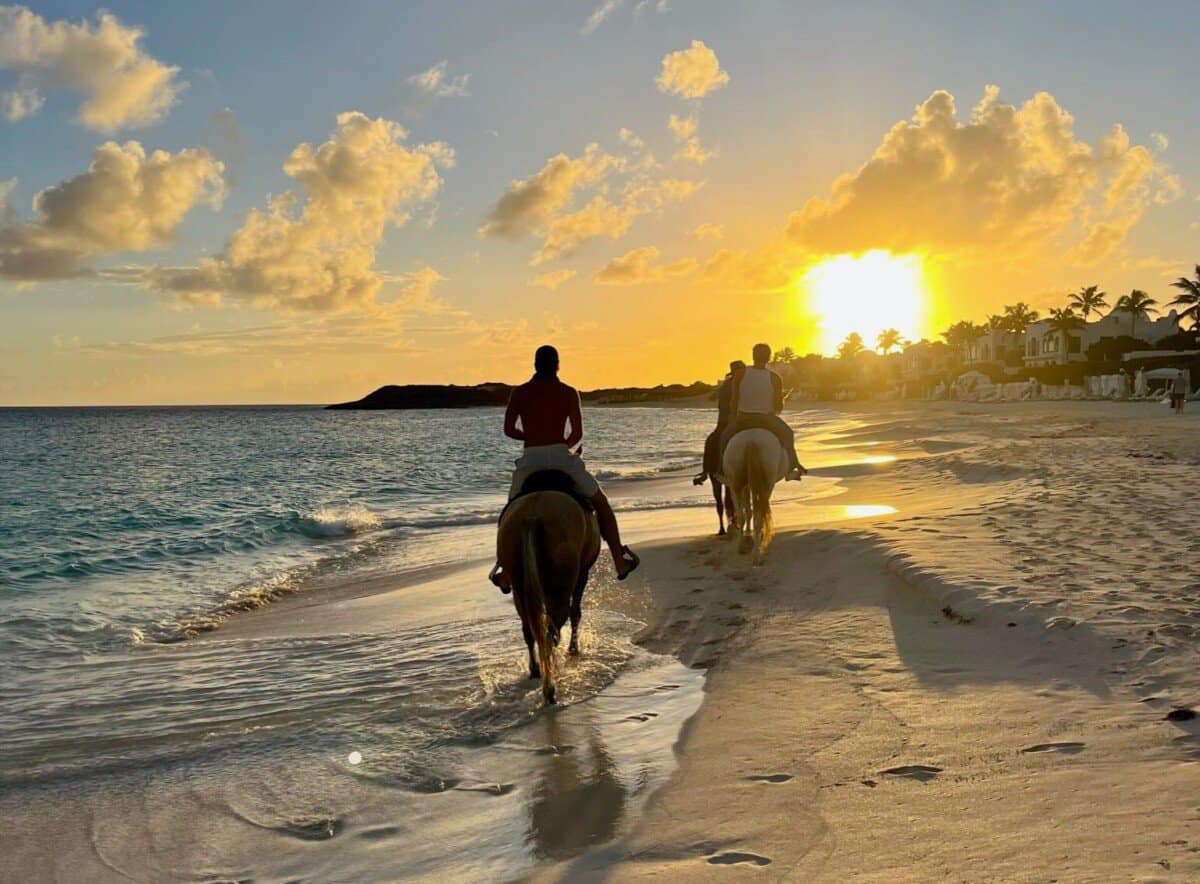 two horses riding along the beach shoreline at Anguilla Cap Juluca